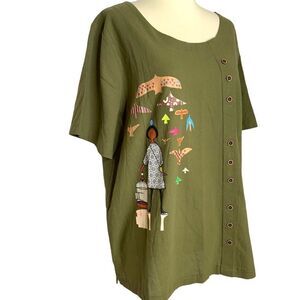 Green Graphic Design Print Birds People Popover Blouse Top Women’s Size L
